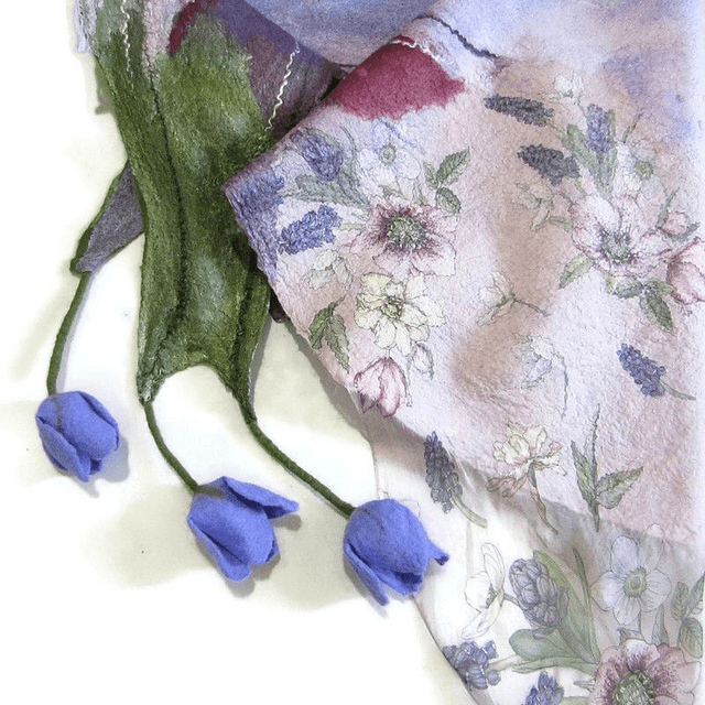Scialle Bactus lana merino seta feltro Fatto a mano scialle Caldo infeltrimento fiori tulipani Sciarpa Viola donna Scialle Regalo unico
