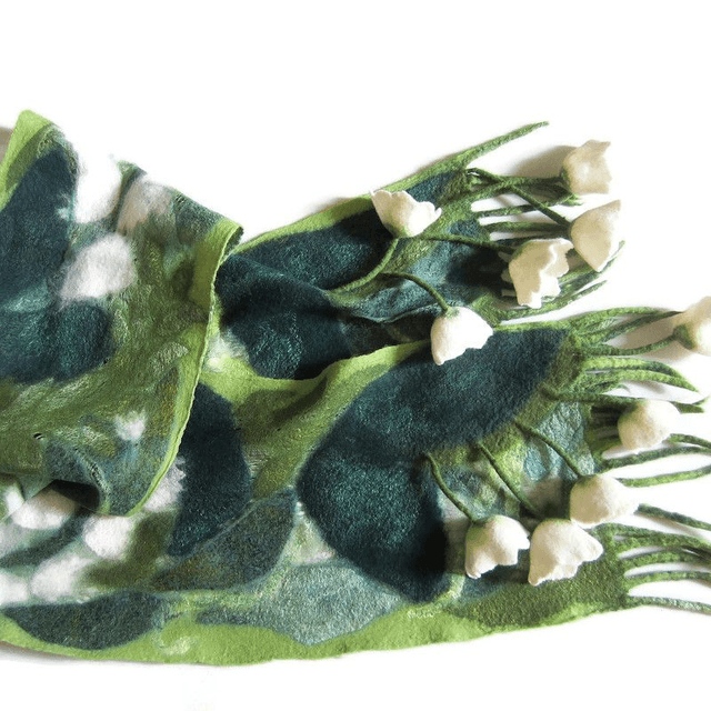 Sciarpa leggera mughetti infeltrito Sciarpa bianco verde lana seta infeltrimento fatto a mano regalo unico per lei
