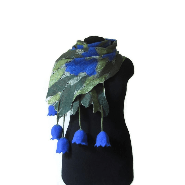 Sciarpa blu seta lana merino feltro Sciarpa fatta a mano infeltrimento fiori Sciarpa lunga calda Sciarpa donna Regali unici per lei