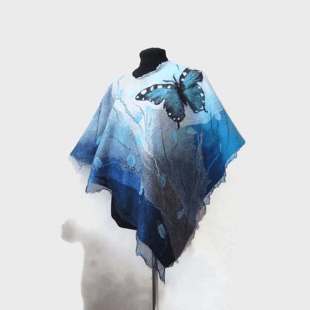 Poncho feltro lana merino sik Poncho fatto a mano donna turchese farfalla blu regalo unico per lei