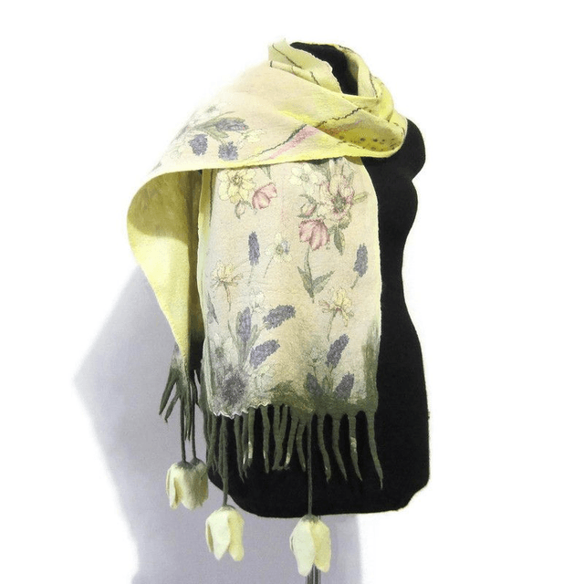 Sciarpa donna fatta a mano Sciarpa giallo tulipano infeltrita lana seta fiori Sciarpa lunga Regalo unico per lei