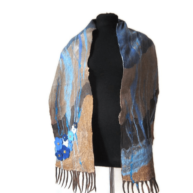 Sciarpa in feltro lana merino seta calda Sciarpa marrone blu lungo donne fatto a mano regalo per lei