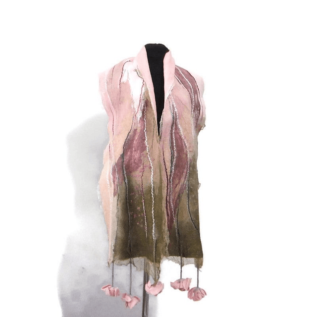 Sciarpa feltro lana merino seta infeltrita fiori rosa Sciarpa lunga calda donna fatto a mano regali unici per le donne