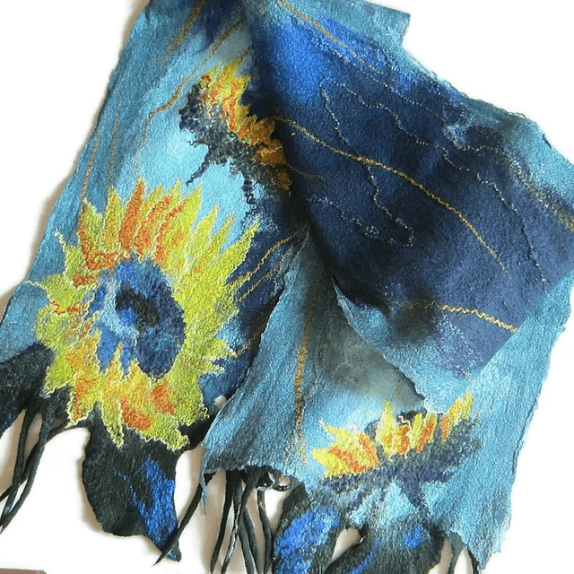 Sciarpa d'arte lana merino seta infeltrita Sciarpa Blu turchese feltro fatto a mano Stola per donna ragazza