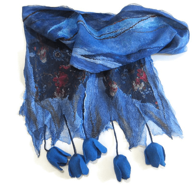 Sciarpa blu lana merino seta infeltrita Sciarpa lunga calda donna con fiori di tulipano feltro fatto a mano regali unici per le donne