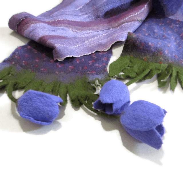 Sciarpa lana merino seta infeltrita fiori Sciarpa Caldo Fatto a mano viola lunga donna regali unici donne regalo ragazza Sciarpa bohémien