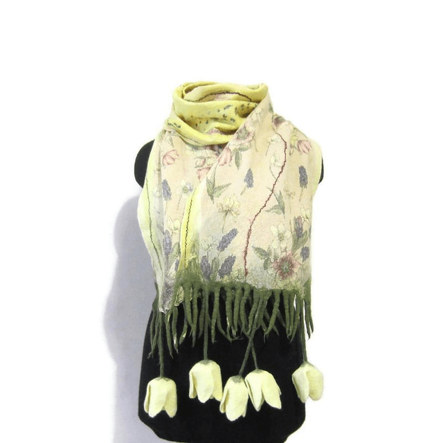 Sciarpa donna fatta a mano Sciarpa giallo tulipano infeltrita lana seta fiori Sciarpa lunga Regalo unico per lei