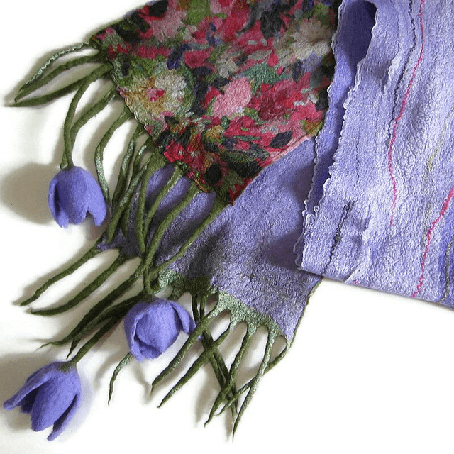 Sciarpa lana merino seta infeltrita fiori tulipani Sciarpa Fatto a mano viola lunga donna regali unici donne regalo ragazza Sciarpa bohémien