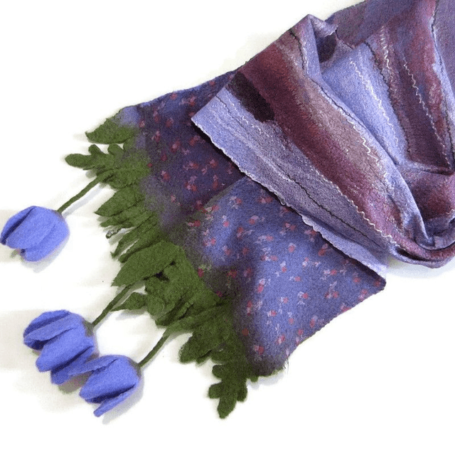 Sciarpa lana merino seta infeltrita fiori Sciarpa Caldo Fatto a mano viola lunga donna regali unici donne regalo ragazza Sciarpa bohémien