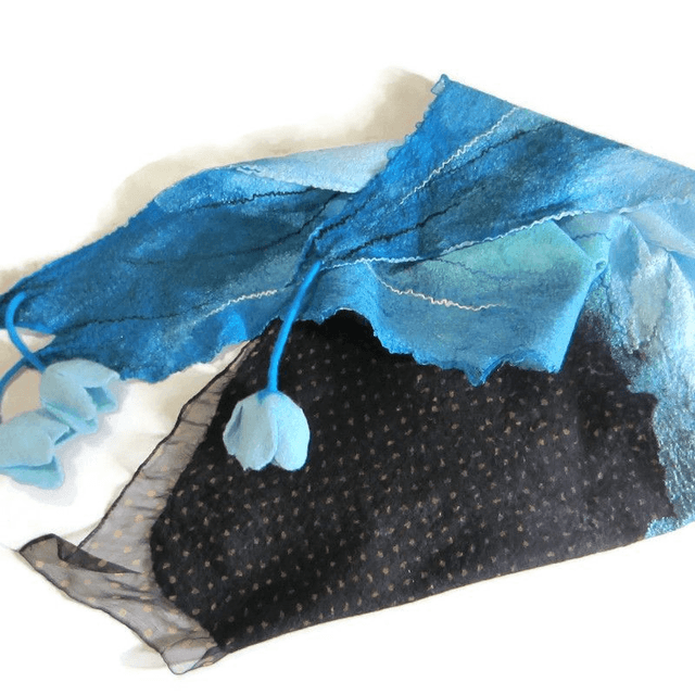 Scialle turchese nero Bactus lana merino seta feltro Fatto a mano Sciarpa infeltrito infeltrimento fiori donna Scialle Regalo unico ragazze