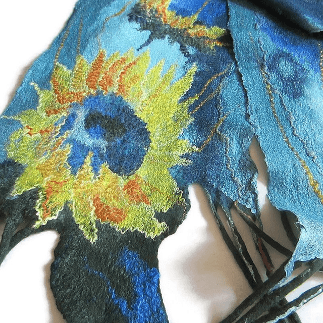 Sciarpa d'arte lana merino seta infeltrita Sciarpa Blu turchese feltro fatto a mano Stola per donna ragazza