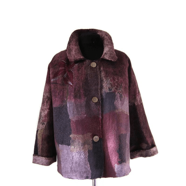 Giacca feltro lana merino seta morbida Giacca infeltrimento fatta a mano boho bordeaux lavanda Giacca calda per donna OOAK