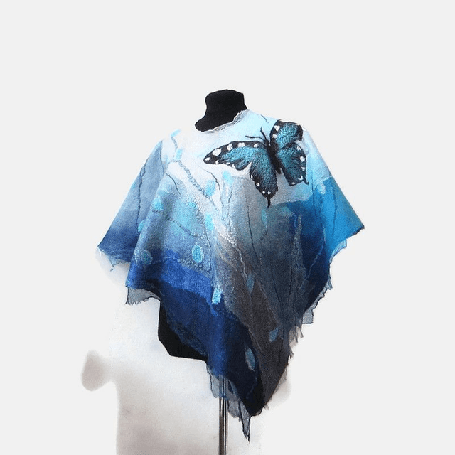 Poncho feltro lana merino sik Poncho fatto a mano donna turchese farfalla blu regalo unico per lei