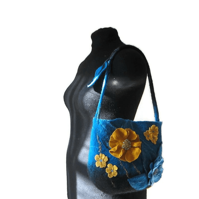 Bag women handmade wool felted shoulder Bag blue turquoise yellow mustard gift for women unique bag for girl bag boho flowers felt handiwork