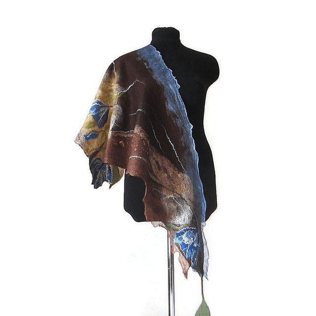 Scialle lana merino seta Scialle feltro fatto a mano scialle caldo bactus infeltrimento blu brown donna Regalo unico per le donne