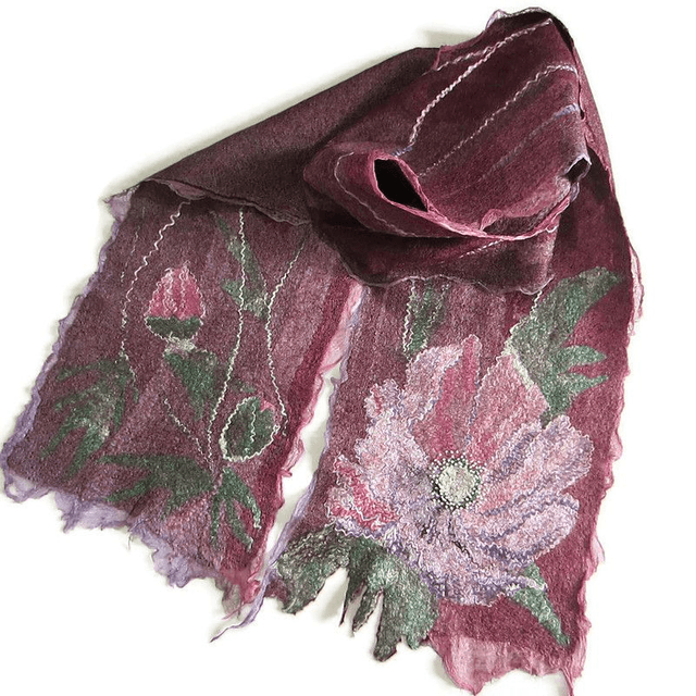 Sciarpa feltro lana merino seta Sciarpa artistica Caldo Sciarpa lunga Borgogna Infeltrimento fatto a mano regalo unico per le donne