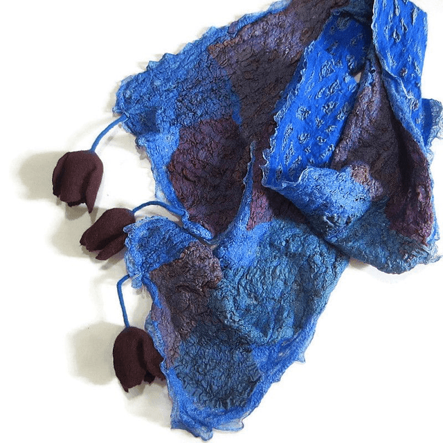 Sciarpa blu feltro di lana seta Sciarpa lunga con tulipani fiori borgogna infeltrita fatta a mano regali unici per donne stile boho