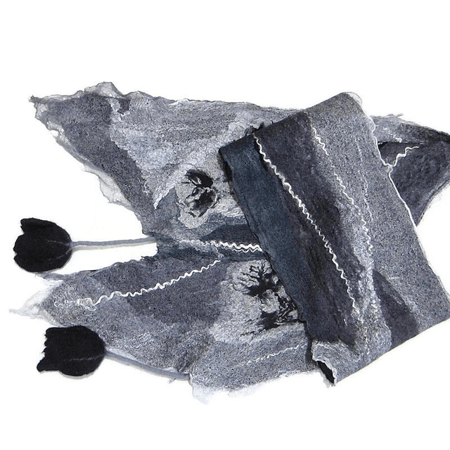 Sciarpa lana merino seta infeltrita fiori tulipani feltro Sciarpa colore grigio nero lunga calda donna fatto a mano regali unici per donne