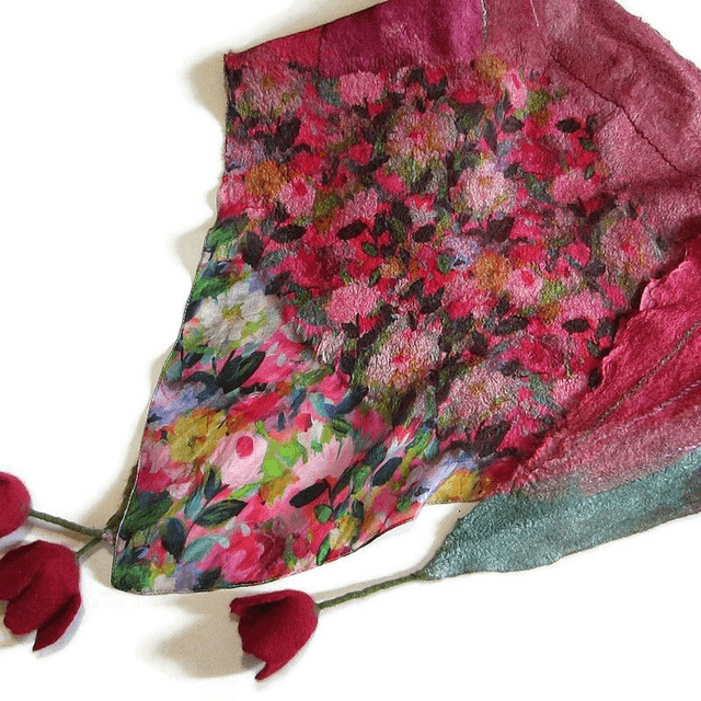 Scialle Bactus lana merino seta feltro Fatto a mano scialle Caldo infeltrimento fiori tulipani Sciarpa rosso donna Scialle Regalo unico