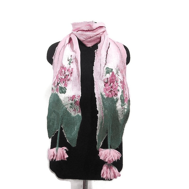 Sciarpa lana merino seta infeltrita fiori feltro Sciarpa rosa lunga calda donna fatto a mano regali unici per donne ragazza