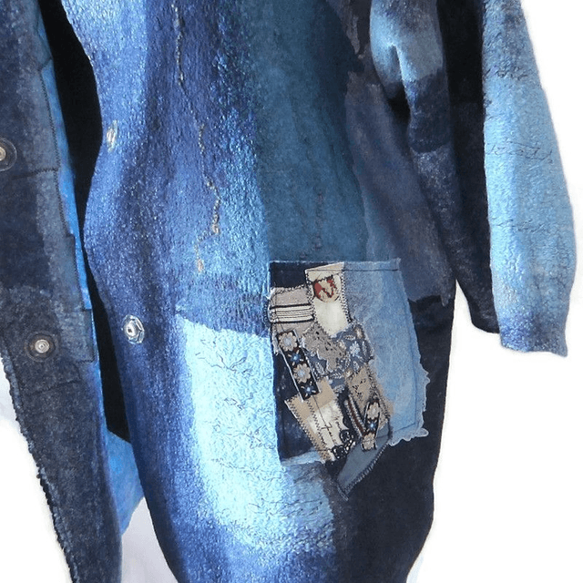 Cardigan Cappotto feltro lana merino seta blu Cappotto fatto a mano da donna Boho