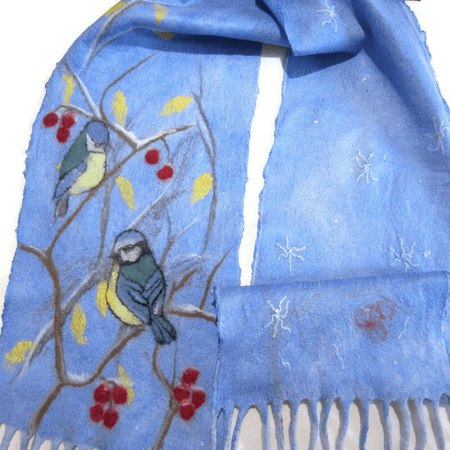 Sciarpa Donne feltro blu lana merino seta calda Sciarpa lungo paillettes regalo per donna infeltrita fatta a mano