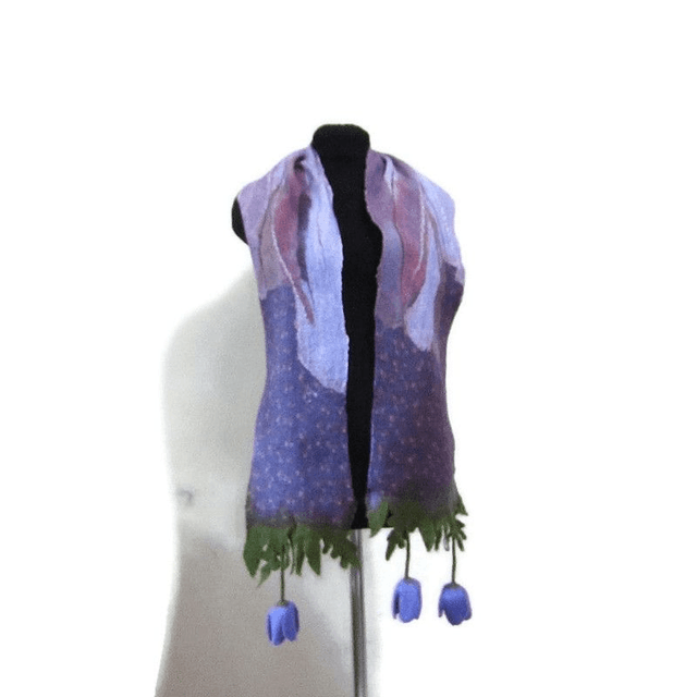 Sciarpa lana merino seta infeltrita fiori Sciarpa Caldo Fatto a mano viola lunga donna regali unici donne regalo ragazza Sciarpa bohémien