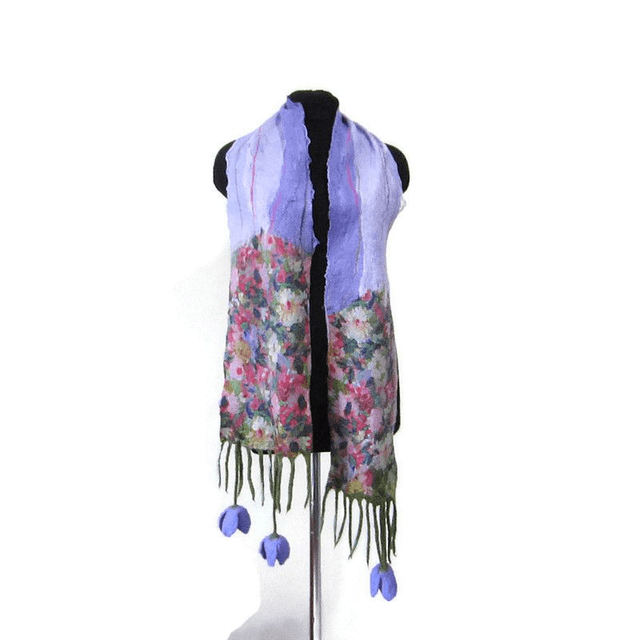 Sciarpa lana merino seta infeltrita fiori tulipani Sciarpa Fatto a mano viola lunga donna regali unici donne regalo ragazza Sciarpa bohémien