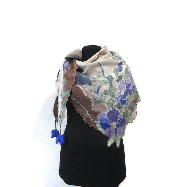 Scialle lana merino seta Scialle feltro fiori di lana fatto a mano bactus infeltrimento marrone beige donna Regalo unico per le donne