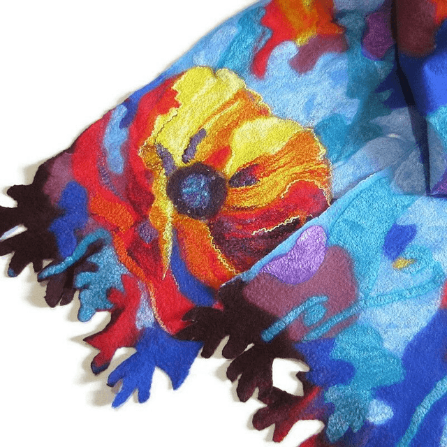 Arte Sciarpa feltro di lana merino seta Stola modello astratto giallo blu infeltrimento fatto a mano Sciarpa caldo regalo unico per le donne