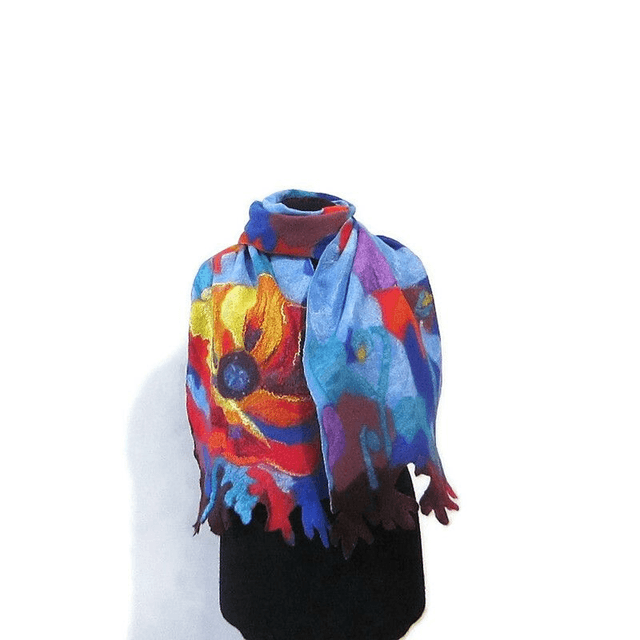 Arte Sciarpa feltro di lana merino seta Stola modello astratto giallo blu infeltrimento fatto a mano Sciarpa caldo regalo unico per le donne