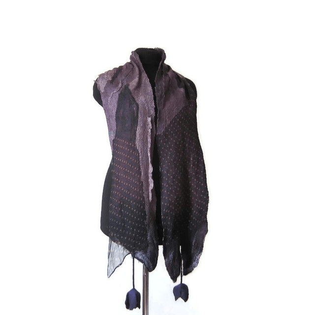 Sciarpa lana merino seta infeltrita fiori tulipani Sciarpa colore nero viola lunga calda donna fatto a mano regali unici per le donne