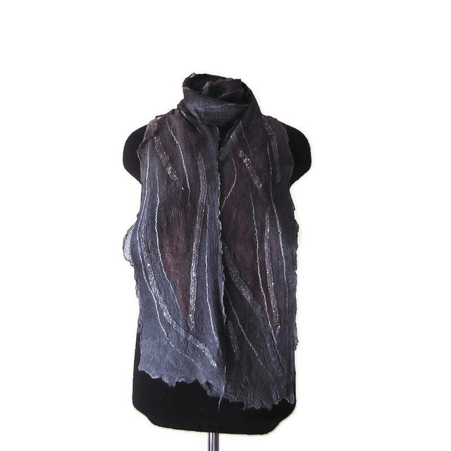 Sciarpa black gray burgundy seta lana infeltrita Sciarpa lunga calda Sciarpa fatto a mano regali unici per le donne