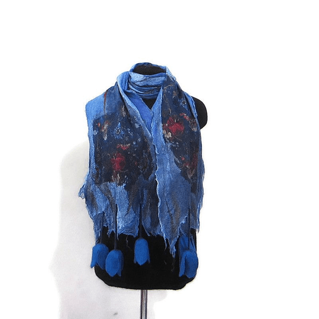 Sciarpa blu lana merino seta infeltrita Sciarpa lunga calda donna con fiori di tulipano feltro fatto a mano regali unici per le donne