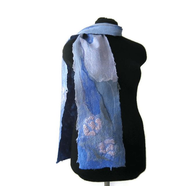 Sciarpa donna feltro blu lana merino seta Sciarpa con paillettes infeltrita fatto a mano