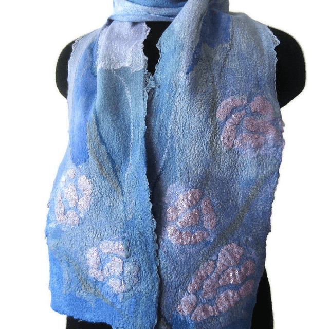 Sciarpa donna feltro blu lana merino seta Sciarpa con paillettes infeltrita fatto a mano