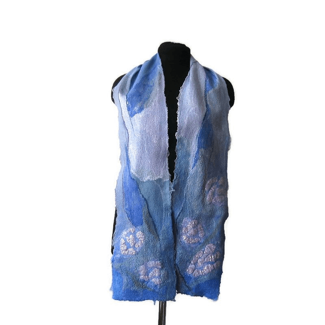Sciarpa donna feltro blu lana merino seta Sciarpa con paillettes infeltrita fatto a mano